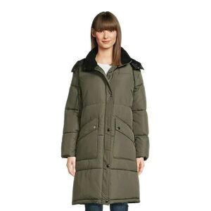 Womens Big Chill Long Puffer Coat W/Removable Hood Faux Fur Trim Medium Green